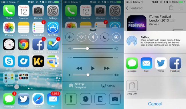 iOS 7 home screen, Control Center, and AirDrop