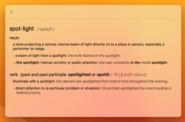 Check spellings and definitions using Spotlight