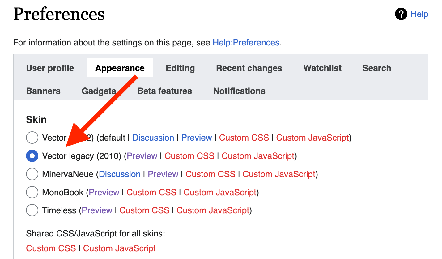 Wikipedia skin options