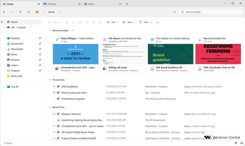 File Explorer screenshot with updated toolbar and recommended files