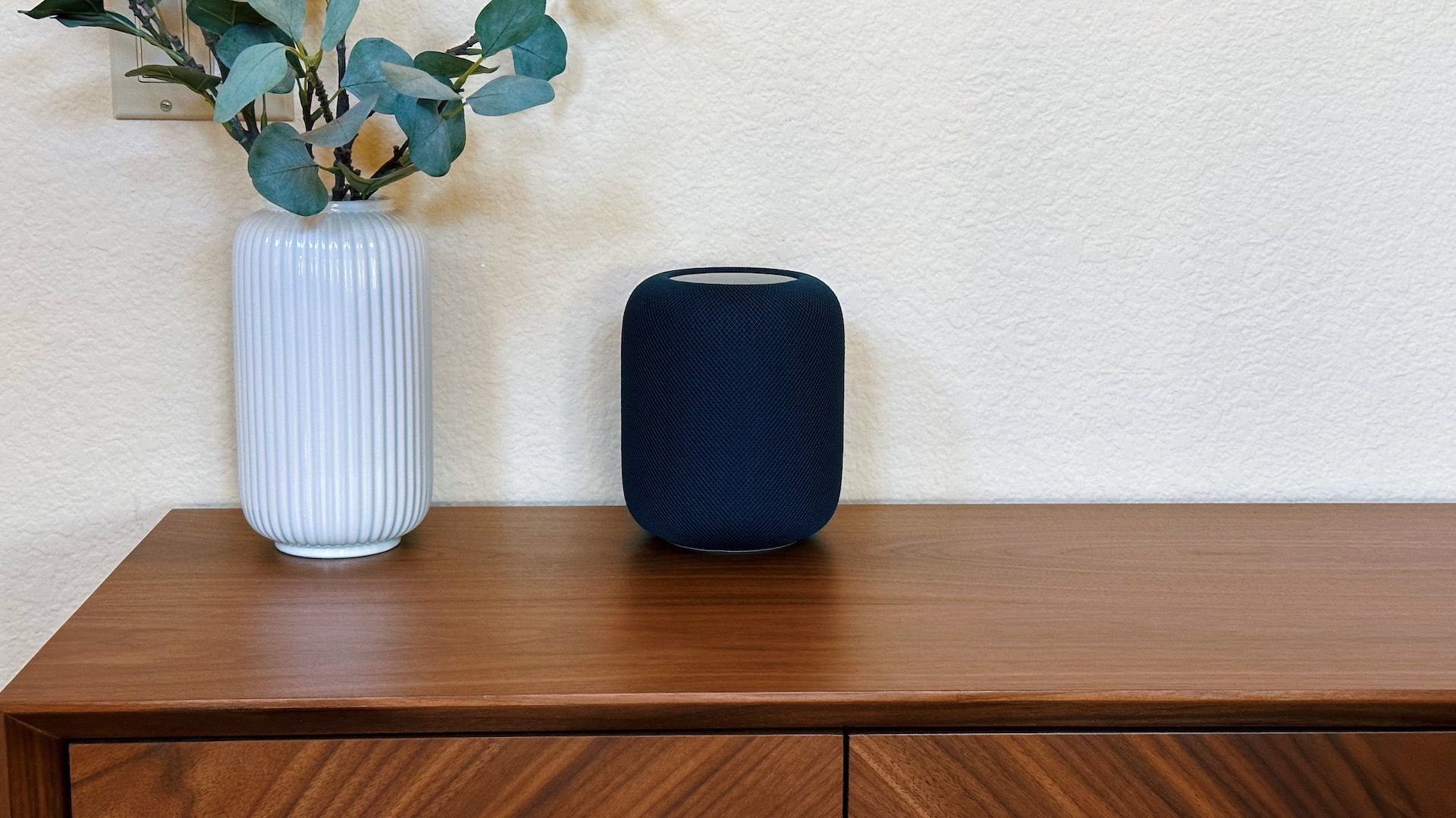 A HomePod sitting on a cabinet next to a plant.