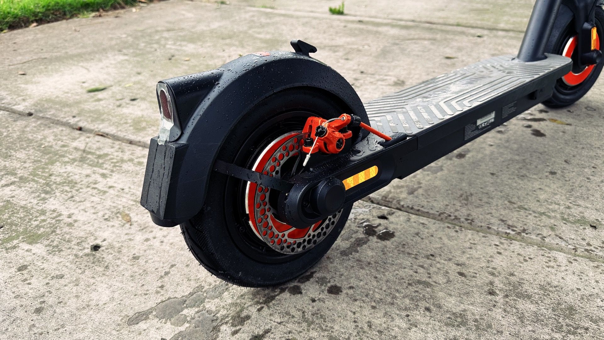 Close up of rear wheel with brake