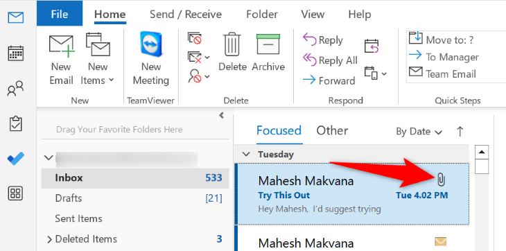 An email in Outlook with an attachment.