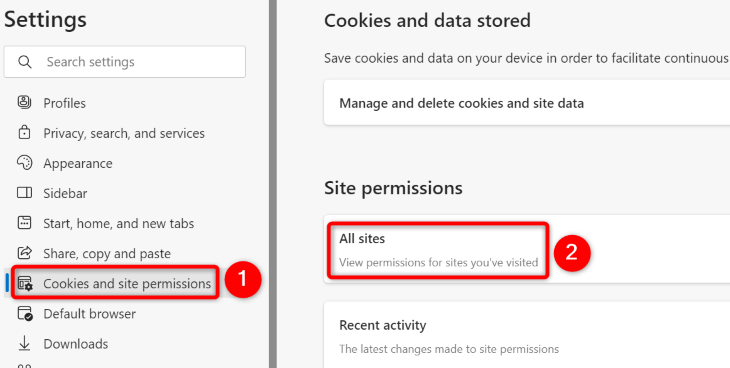 Select Cookies and Site Permissions > All Sites.