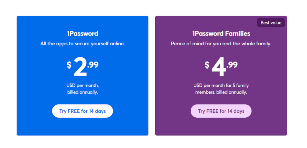 1Password pricing for personal plans