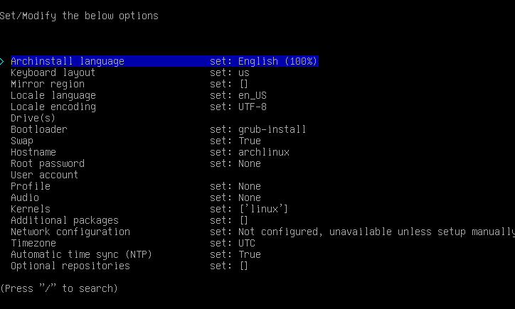 The Arch Linux archinstaller script showing a list of options