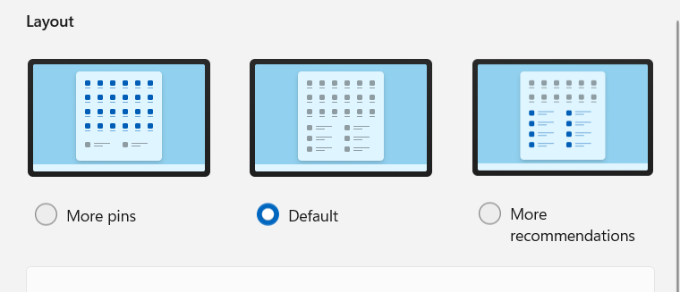 Windows 11 Start Menu layout options.