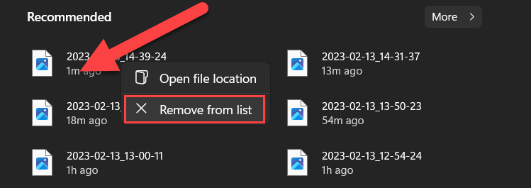 Remove a file from the Windows 11 Start Menu.