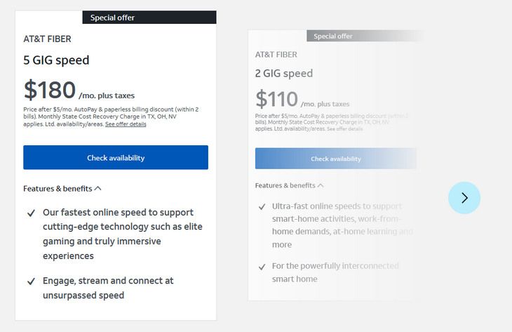 A screenshot of fiber package pricing.
