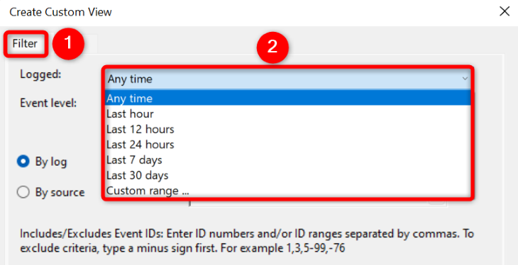 Select the time period for the error log.