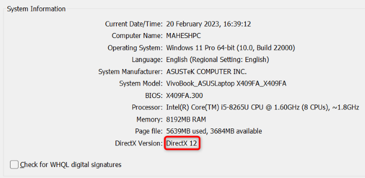View the DirectX version on Windows 11.