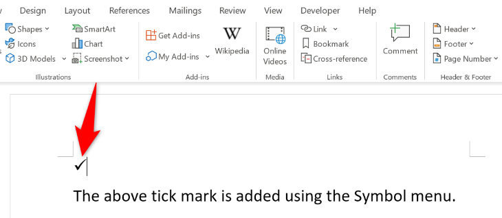 A check mark symbol in Word.