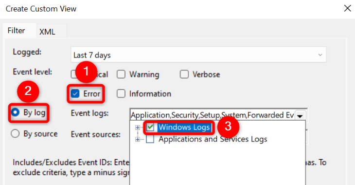 Configure the error log view.