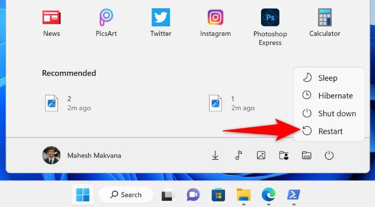 Select &ldquo;Restart&rdquo; in the menu.