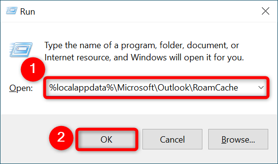 Enter the Outlook cache path and select "OK."