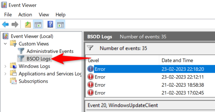 Access a custom view in Event Viewer.