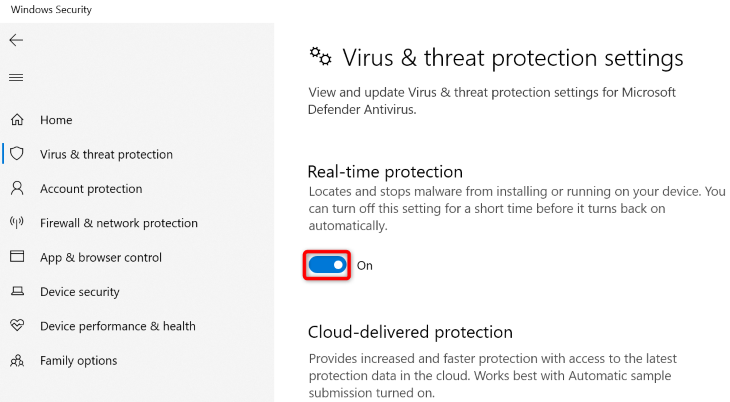 Turn off "Real-Time Protection."