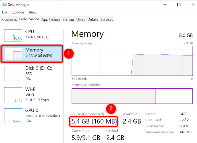 View compressed memory in Windows 11.