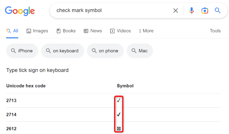 Copy a check mark from Google.