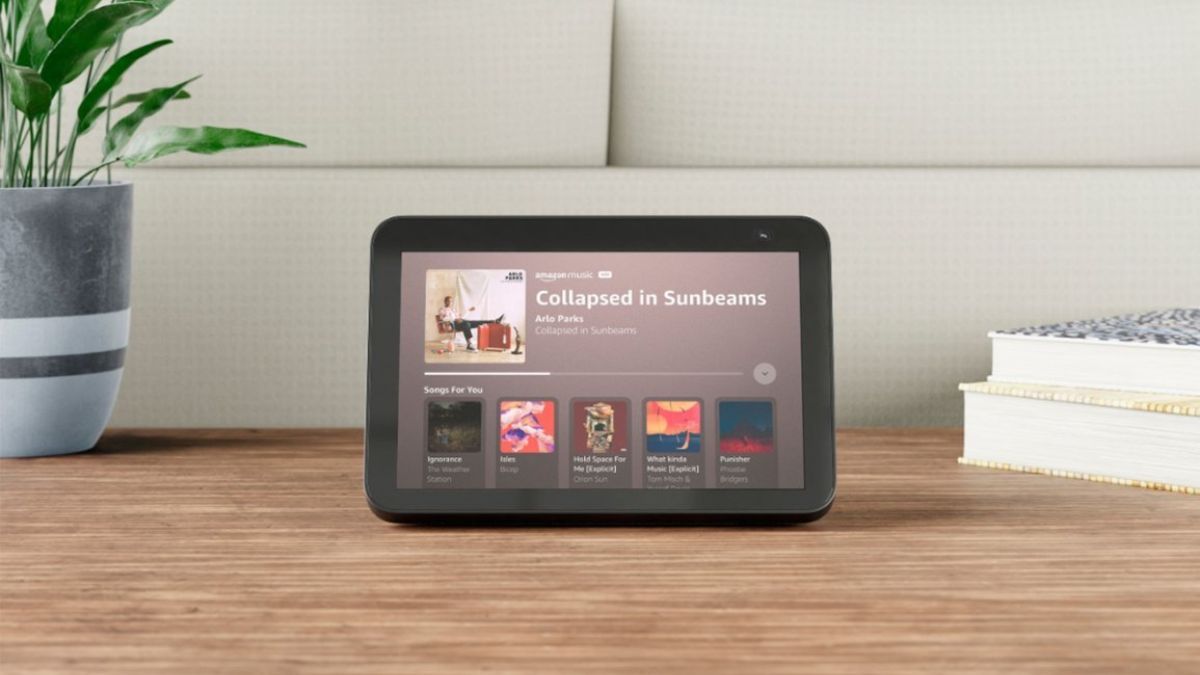 Amazon Echo Show 8 display showing streamed musical artist