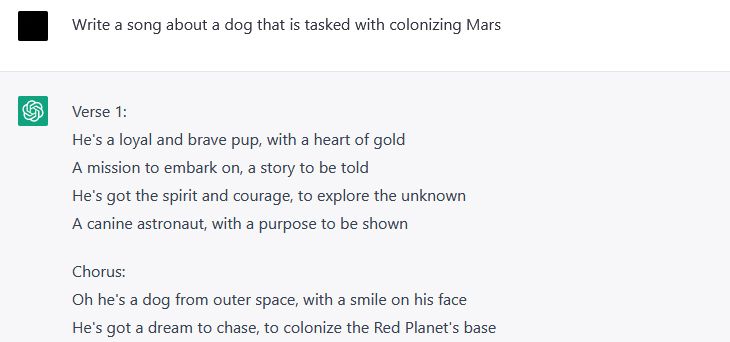 A ChatGPT AI response showing lyrics to a song about a dog colonizing Mars.