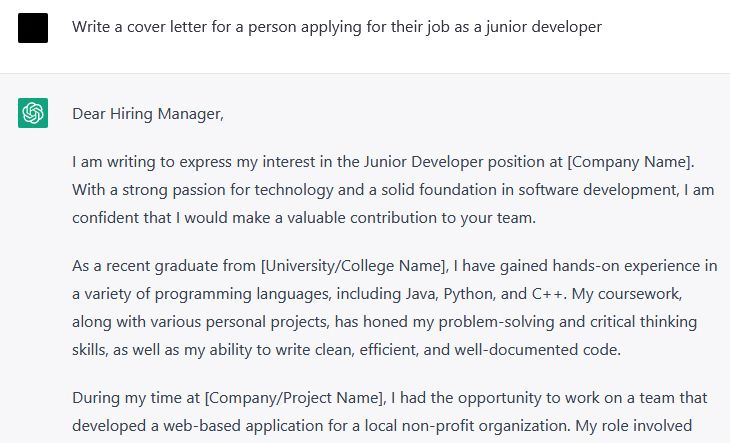 A ChatGPT AI response showing a cover letter.