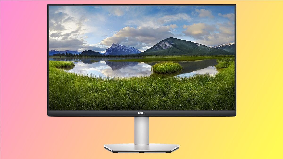 Dell S2722QC monitor on pink and yellow background