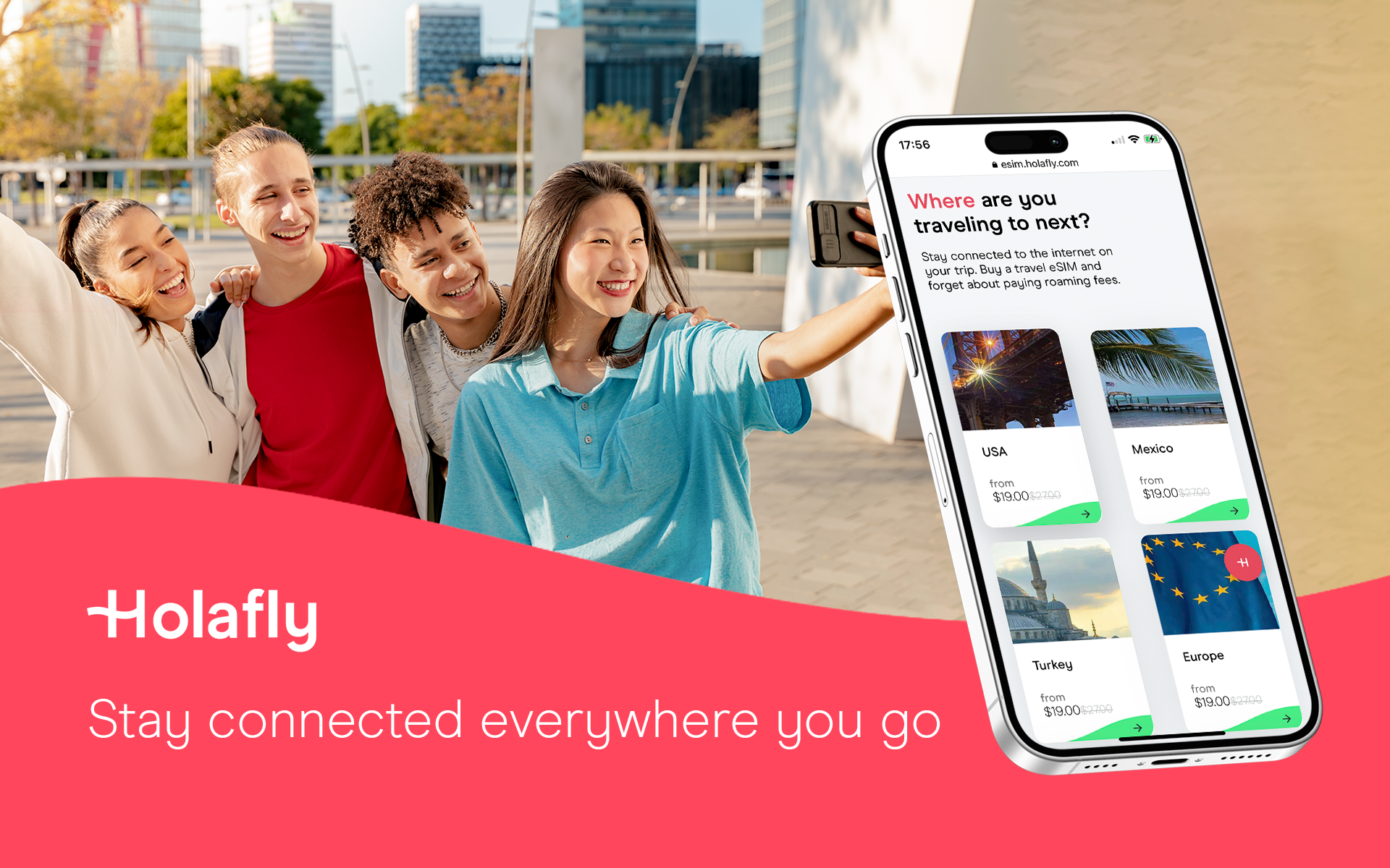 Holafly travel page on top of an image of kids taking a selfie
