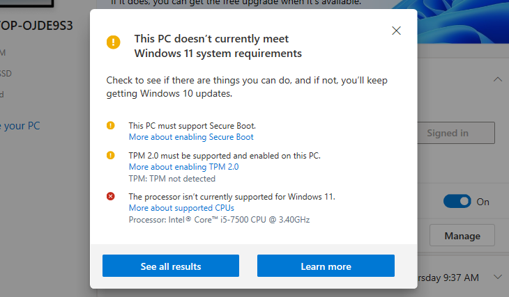 the PC Health Check app in Windows
