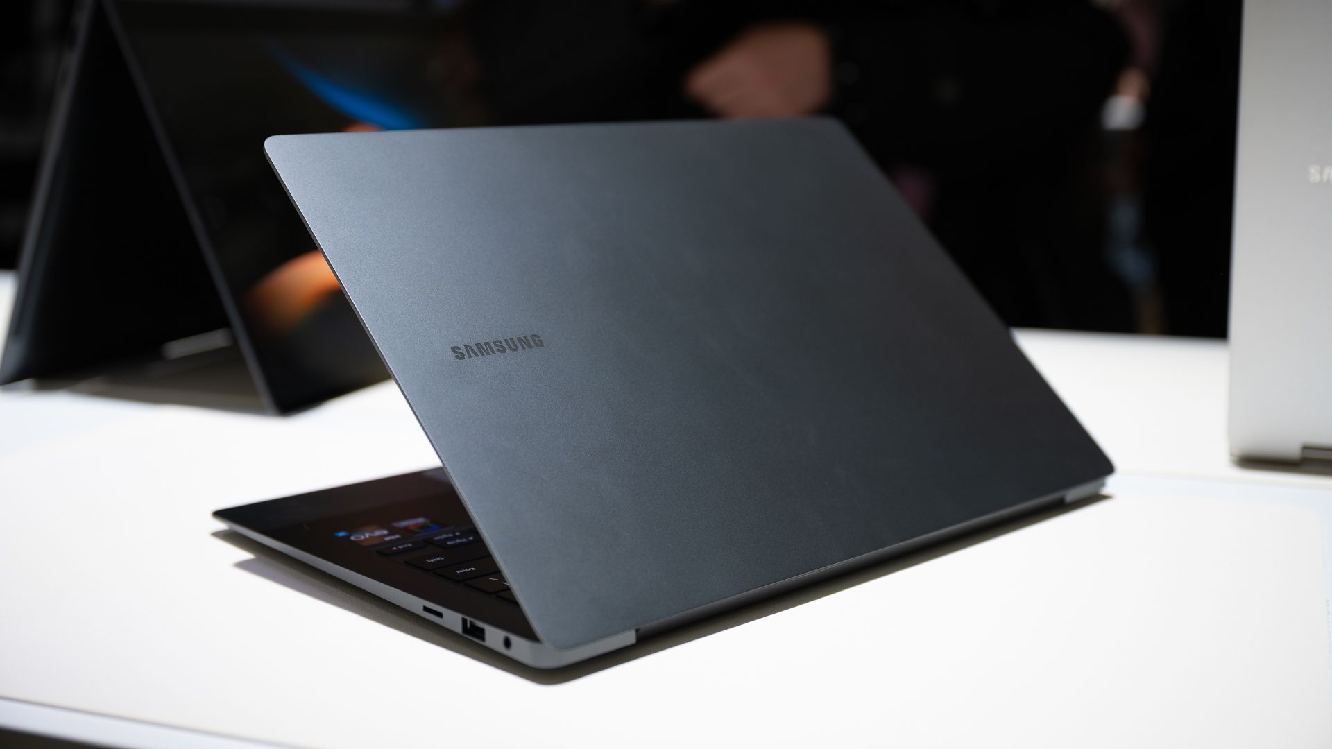 Samsung Galaxy Book 3 Pro's lid partially closed at Galaxy Unpacked 2023