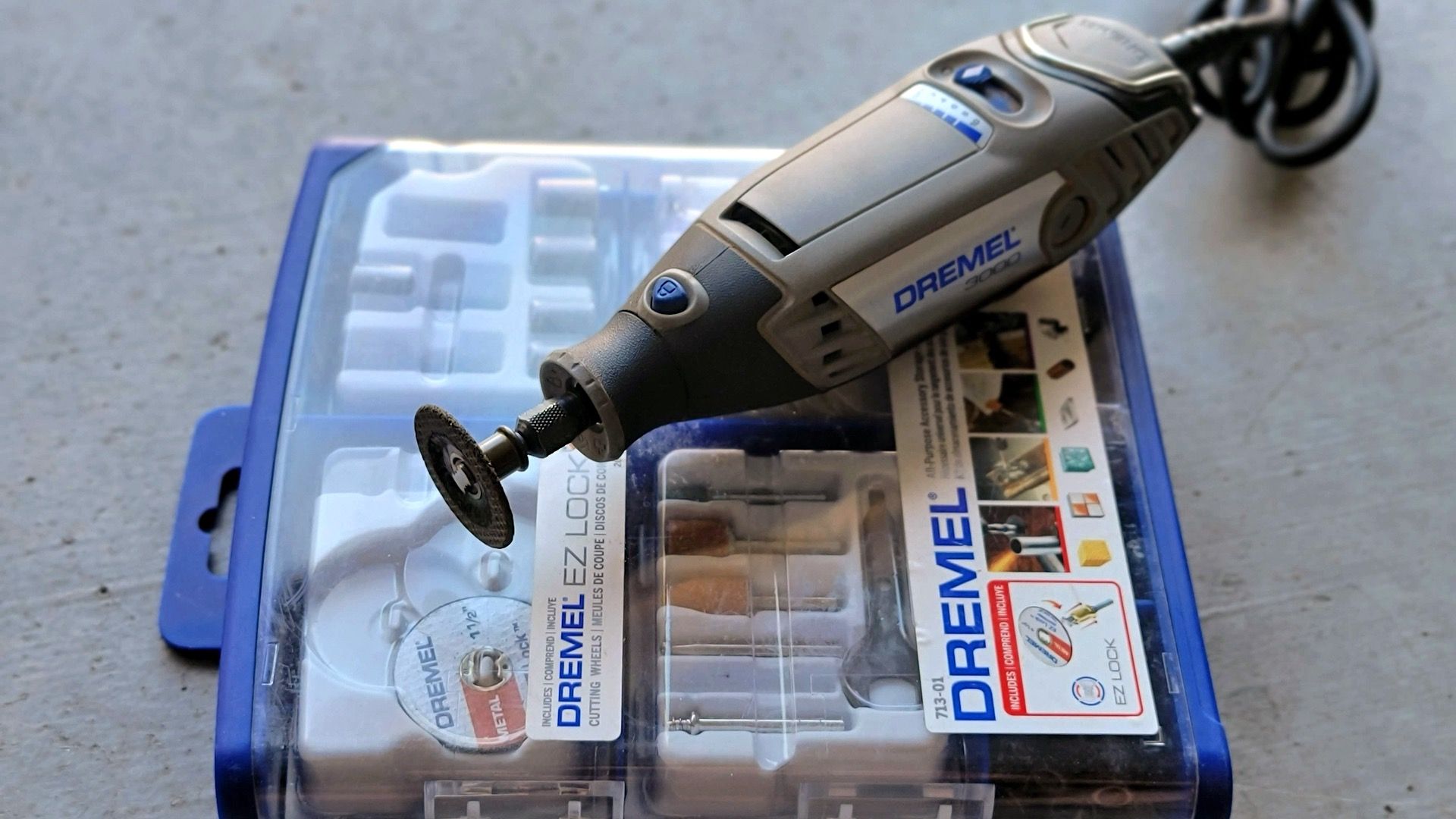 Dremel rotary tool with cutting wheel.