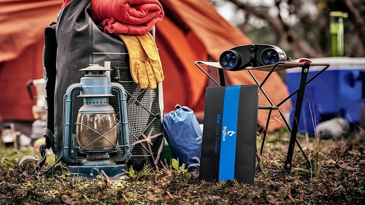 BigBlue 3 solar charger next to camping gear