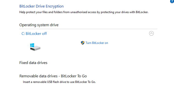 BitLocker controls in Windows 10 Pro