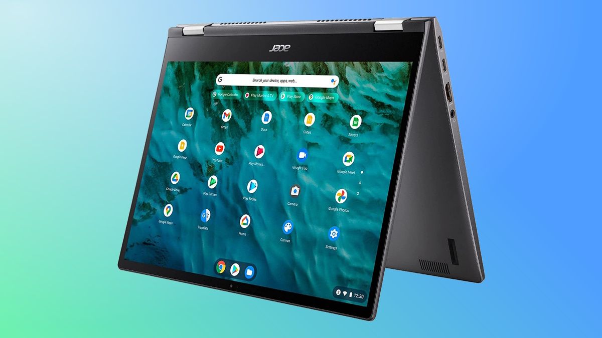 Chromebook Spin 713 on green and blue background