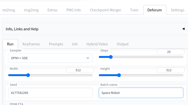 In the "Run" tab change the sampler, seed, and batch name to your preferred settings.