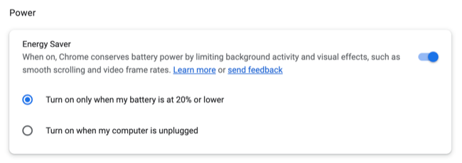 Customize Energy Saver mode on Google Chrome
