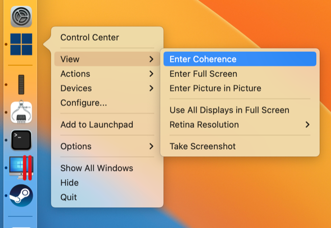 Enter Coherence mode in Windows 11 on ARM using Parallels Desktop 18