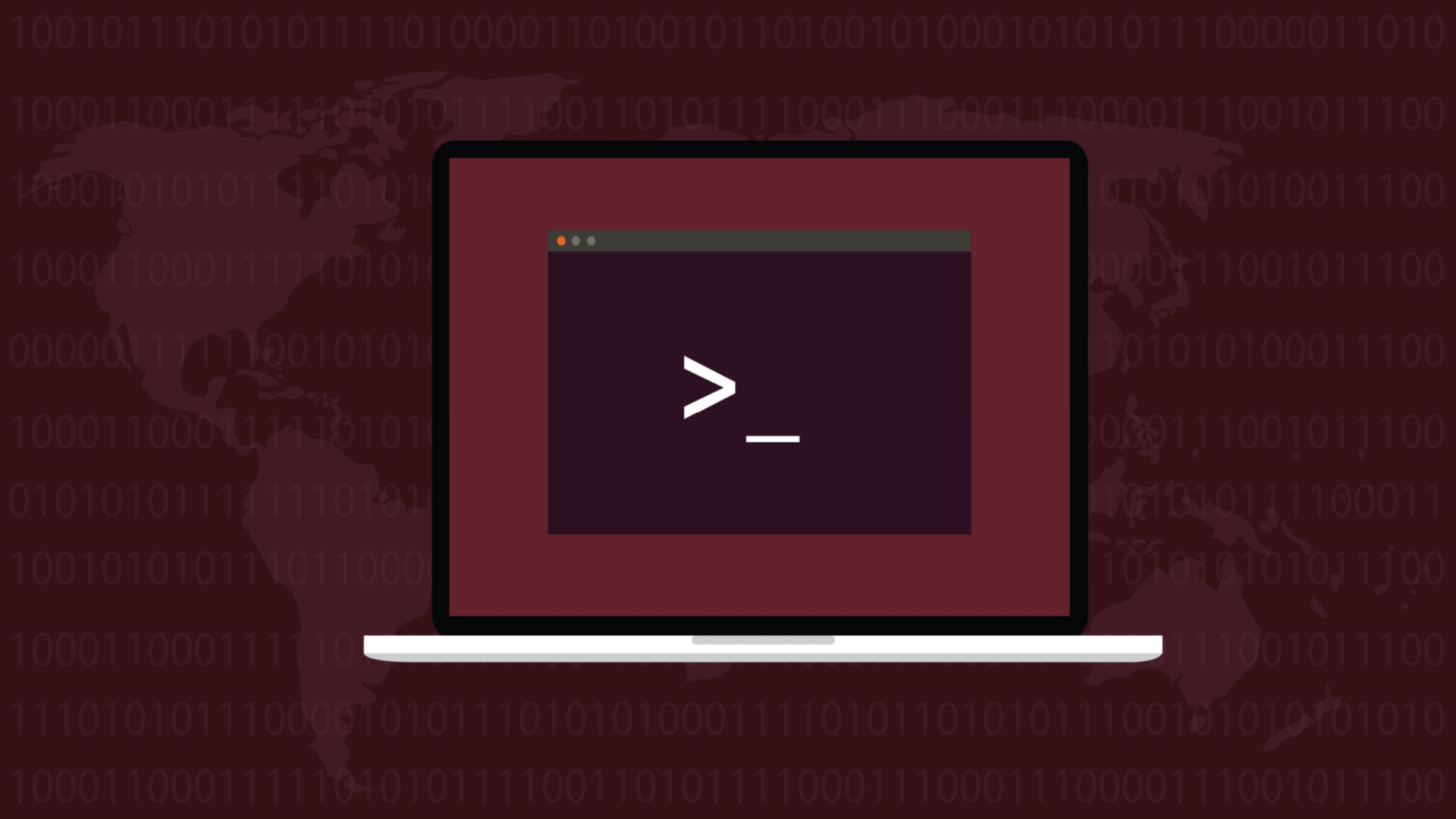 Linux laptop showing a terminal window with a globe pattern inthe background and a binary watermark