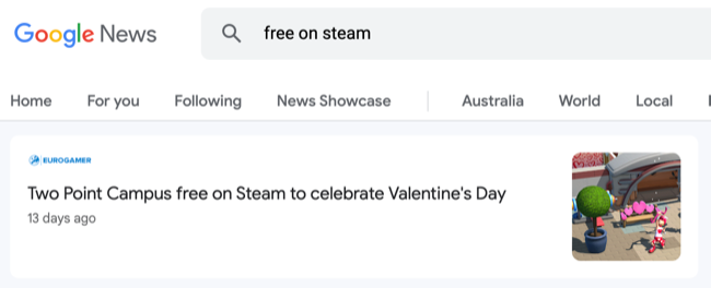 Google News results for "free on Steam"