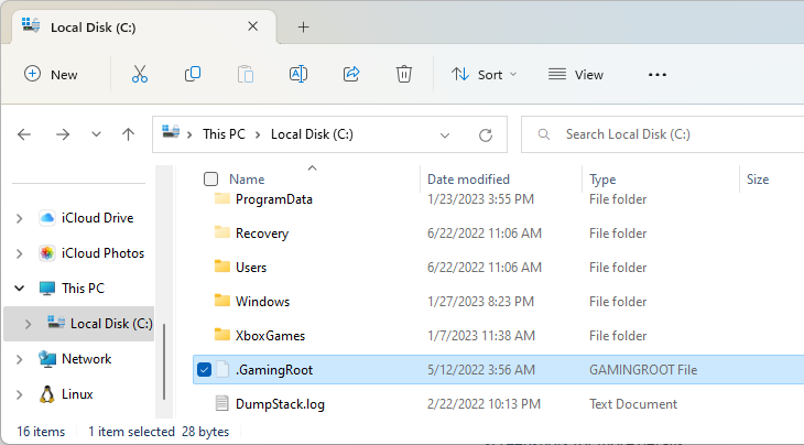 The GAMINGROOT file on a C: drive on Windows 11.
