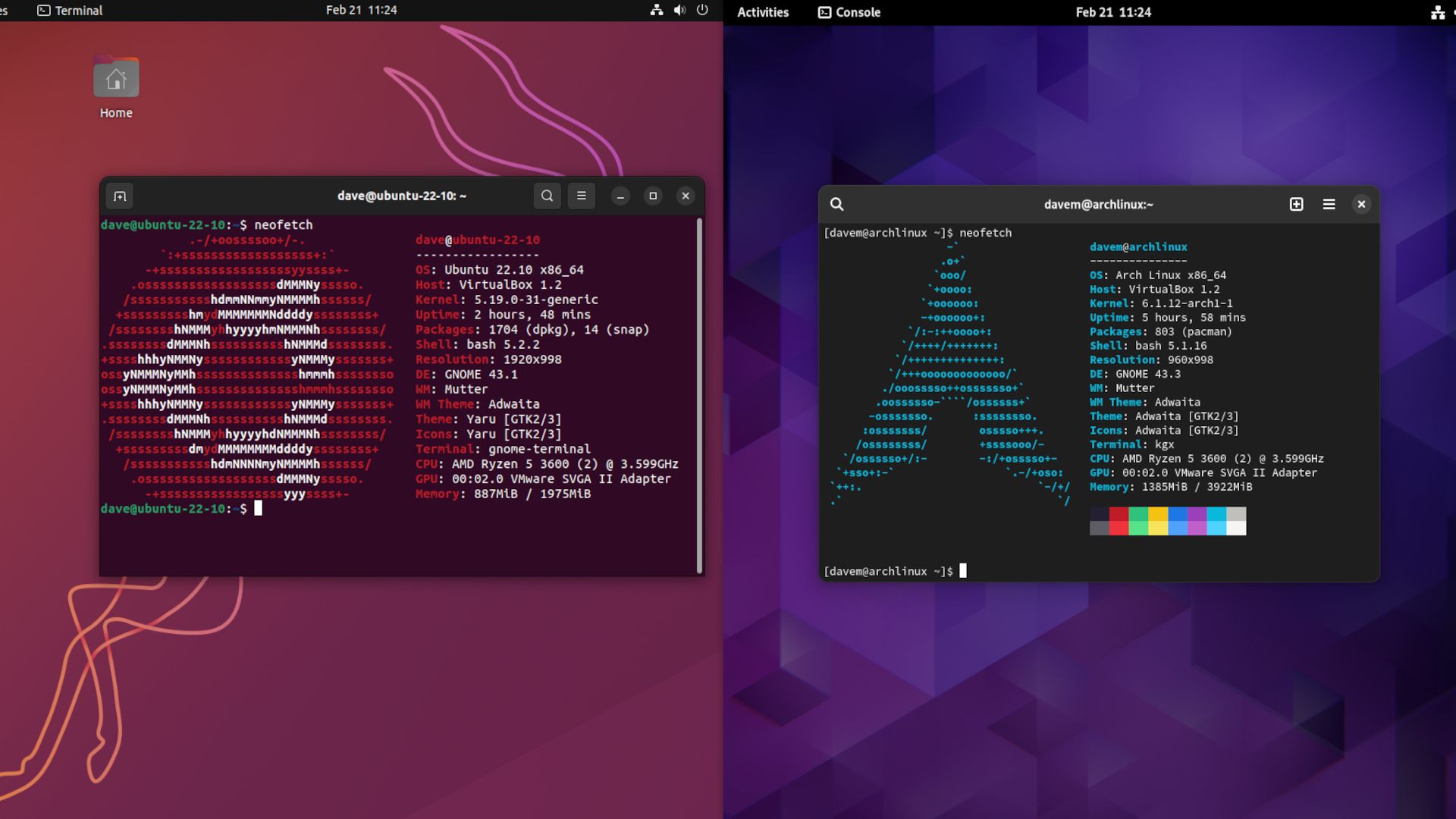 Ubuntu and Arch Linux GNOME desktops, side by side