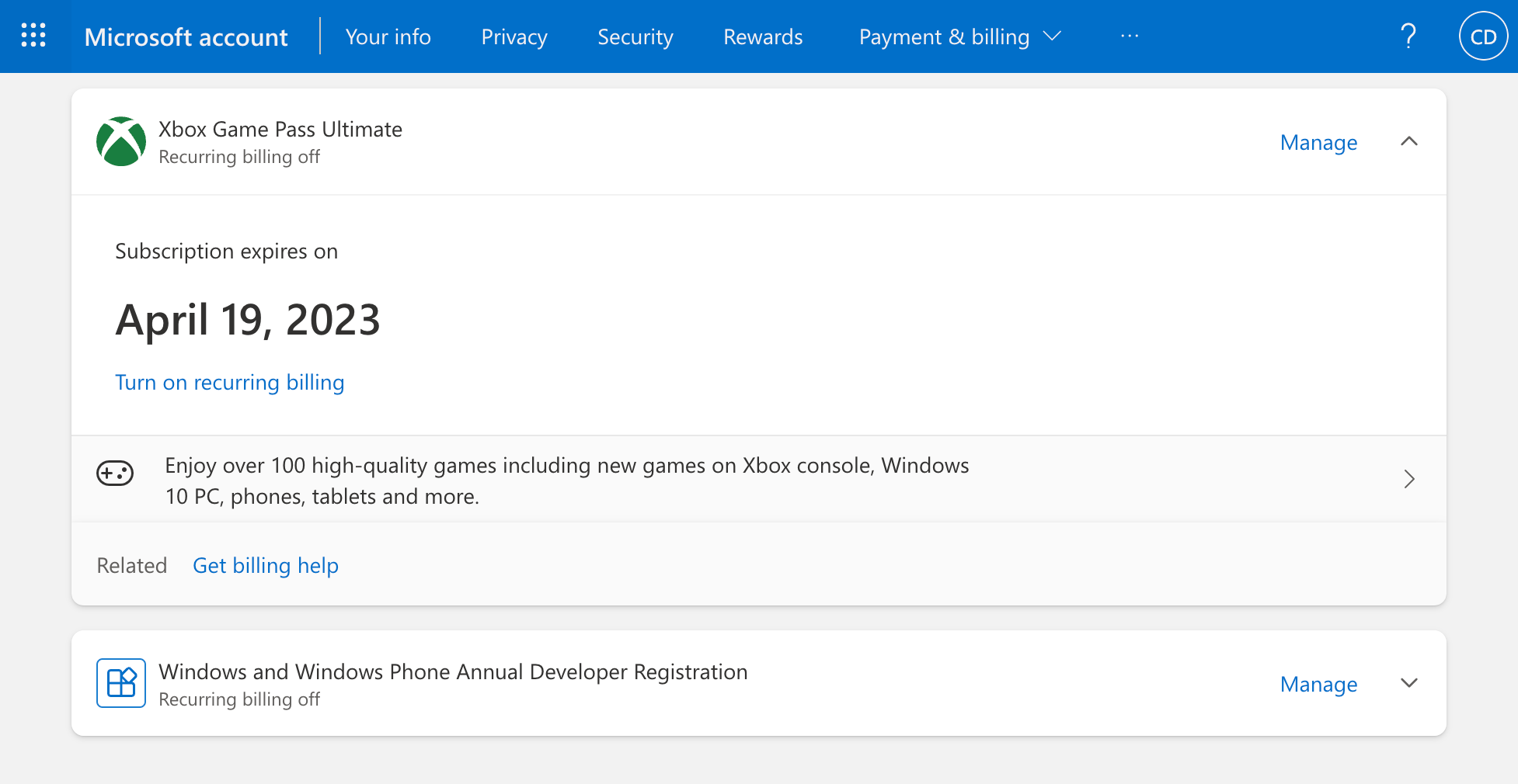 Microsoft subscriptions page screenshot