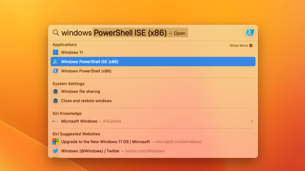 Open Windows Powershell in macOS Spotlight