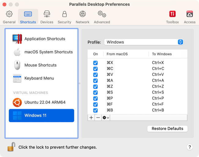 Parallels Desktop 18 keyboard shortcuts