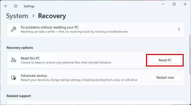 the recovery settings in Windows 11