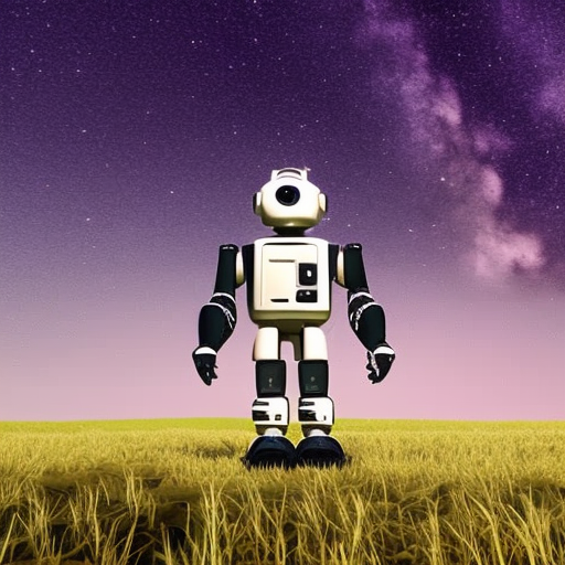 A robot standing in a field under a starry sky.