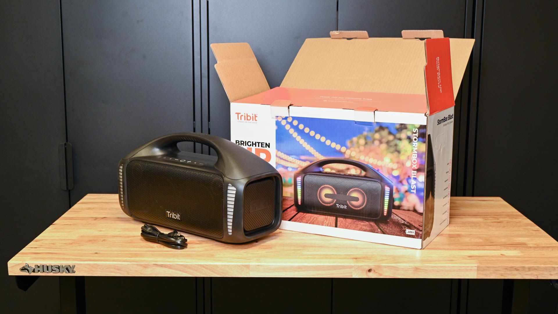 TriBit StormBox Blast Speaker with its cable and box
