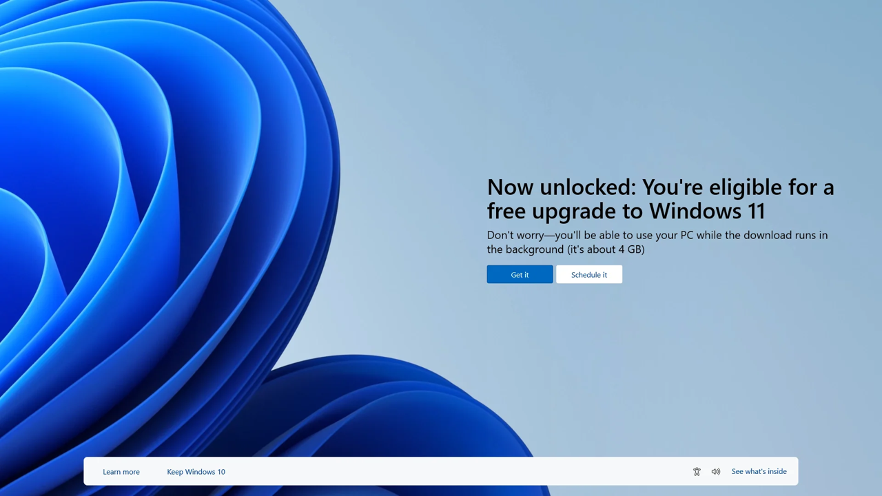 Screenshot: "Now unlocked: You're eligible for a free upgrade to Windows 11
