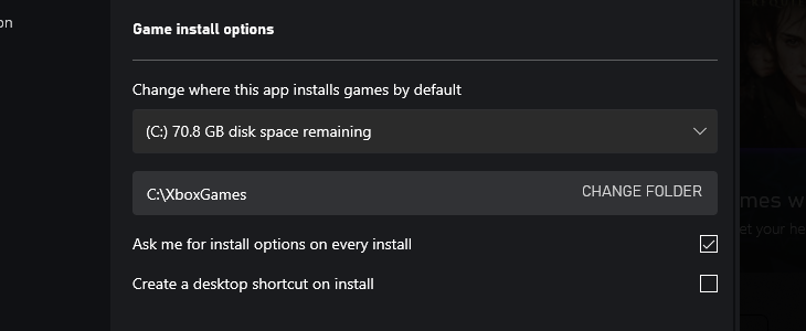 Choosing a drive to install games on in the Xbox app.