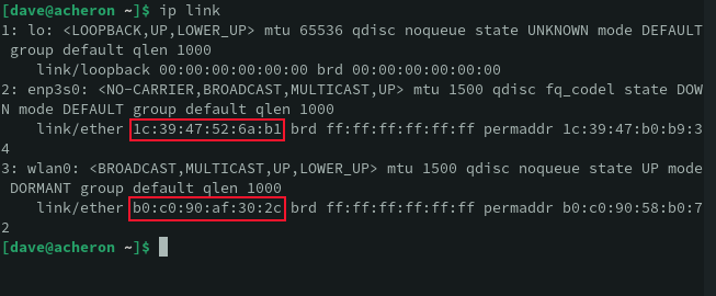 Using the ip link command to discover the MAC addresses of a computer